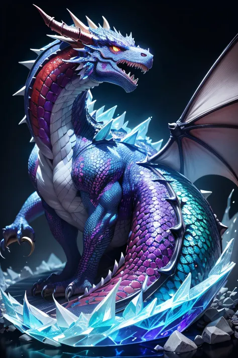 The Angry Dragon Spirit Made of Crystal, very realistic and detailed. The texture of its scales is beautiful. Its very colorful and flashy. A swirl of color that is beautiful, detailed as powder. Avec la galaxie