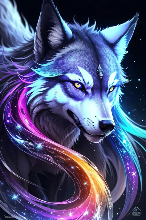 The wolf Spirit Made of Crystal, very realistic and detailed. The texture of its scales is beautiful. Its very colorful and flashy. A swirl of color that is beautiful, detailed as powder. Avec la galaxie