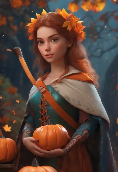 Close-up of a girl with a bat on her shoulder,（Bats and jack-o-lanterns：1.37），Halloween， Realistic fantasy artwork, hyperrealistic fantasy art, Realistic fantasy illustration, Fantasy art style, 8K high quality detailed art, 4K fantasy art, , Epic fantasy ...