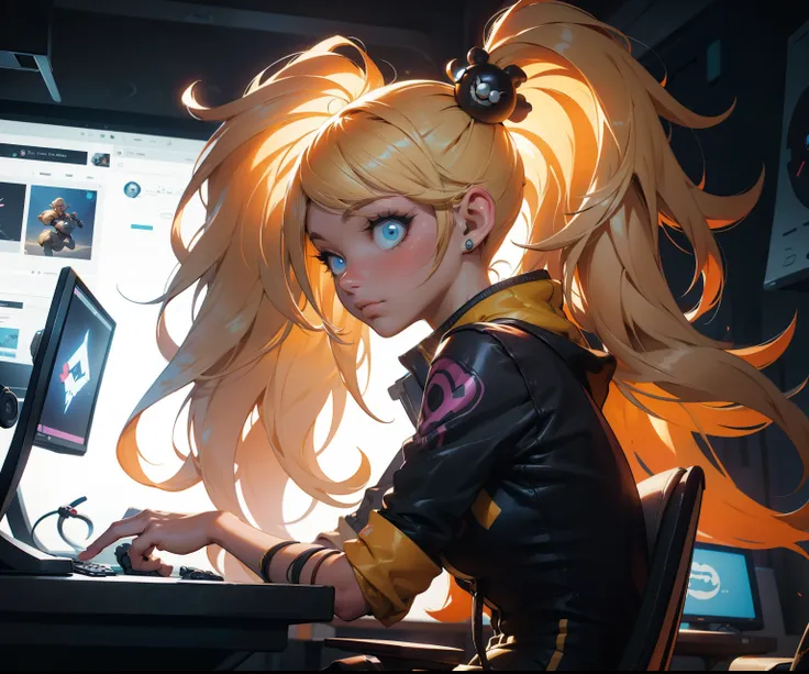 Chica de anime blonde sentada frente a un escritorio de computadora con un controlador de juego, gamer aesthetic, Sala de juegos en 2 0 4 0, Sala de juegos, Jugar videojuegos, juego, Tema Gamer, Jugando, Streamer do Twitch / Jugador Ludwig, Jugar juegos de...