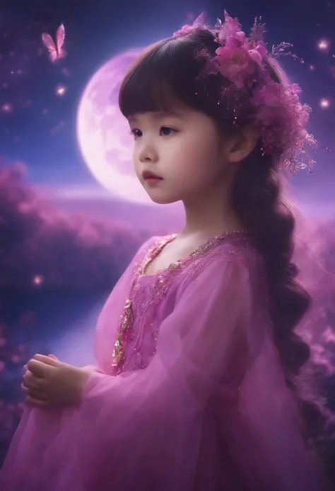 magical little girl、Pink and purple、1girl、Fantastical、a moon、stick、outfits、Long