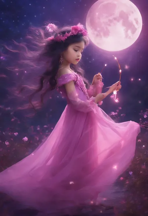 magical little girl、Pink and purple、1girl、Fantastical、a moon、stick、outfits、Long