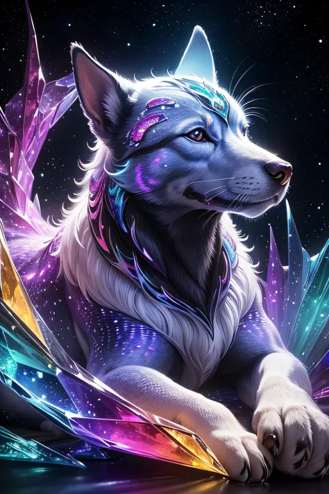 The dog Spirit Made of Crystal, very realistic and detailed. The texture of its scales is beautiful. Its very colorful and flashy. A swirl of color that is beautiful, detailed as powder. Avec la galaxie