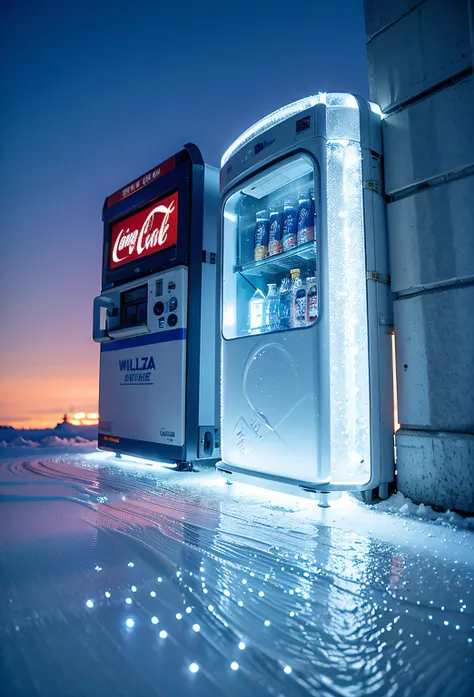 8k masterpiece, RAW photo, best quality:1.2, (rime ice), macro detailed photograph, low angle shot, sub-zero canadian morning in yellowknife, twilight, from ground looking up, "coca-cola" drinks vending machine covered with rime ice shimmering in the fadin...