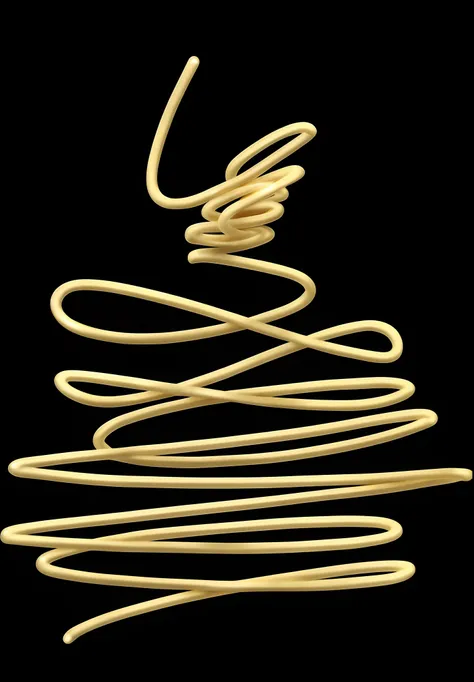 Close-up of noodles, spaghetti, spaghetti, speedtree, Renders, Golden wire, gold dripping in spiral, isolated on a white background, simple tree fractal, black and gold wires, fine simple delicate structure, gold striated swirling finish, made of spaghetti...