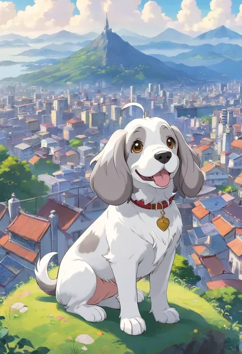 Gray and white petite basset griffon bandane　The body of the dog is white　　The color of the dogs ears and tail has a gray color　European-style cityscape　Mountains behind々The slope that can be seen