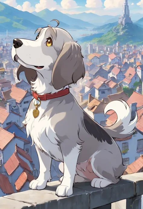 Gray and white petite basset griffon bandane　The body of the dog is white　　The color of the dogs ears and tail has a gray color　European-style cityscape　Mountains behind々The slope that can be seen