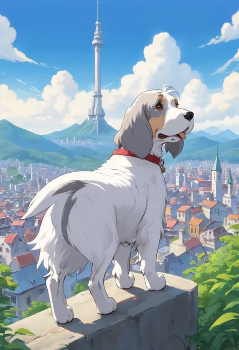 Gray and white petite basset griffon bandane　The body of the dog is white　　The color of the dogs ears and tail has a gray color　European-style cityscape　Mountains behind々The slope that can be seen