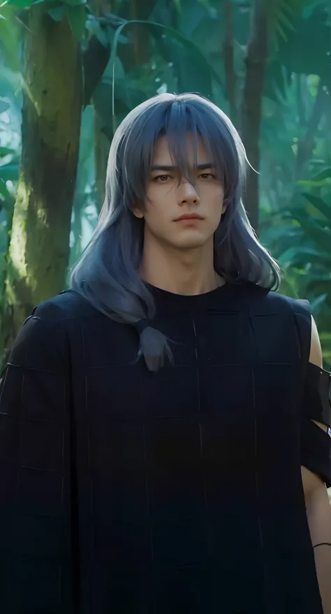 Real life adaption of this character, adult handsome face,looking to viewer, villain expression,realistic same hair ,realistic jungle with many grass background, hyper realistic, realistic light, realistic shadow, realism,(photorealistic:1.2),