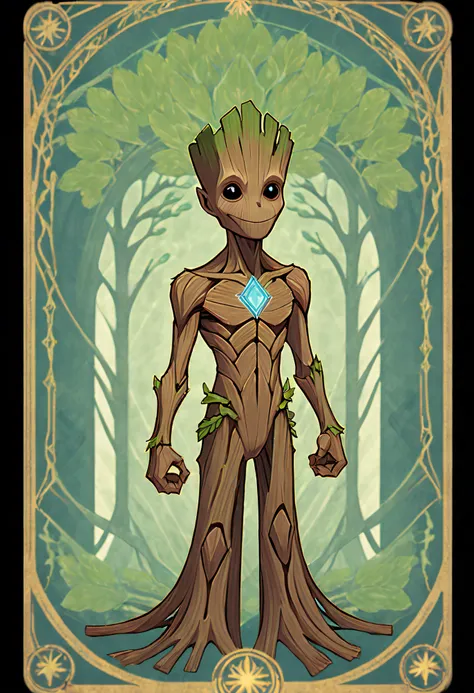 1 Groot, From the American comic book superhero, Full body standing painting, (((独奏))), Clear facial features, Simple line design, ((tarot card background, symmetric beauty)), perfectly symmetrical, The art of symmetry, Standing drawings of characters, ((f...