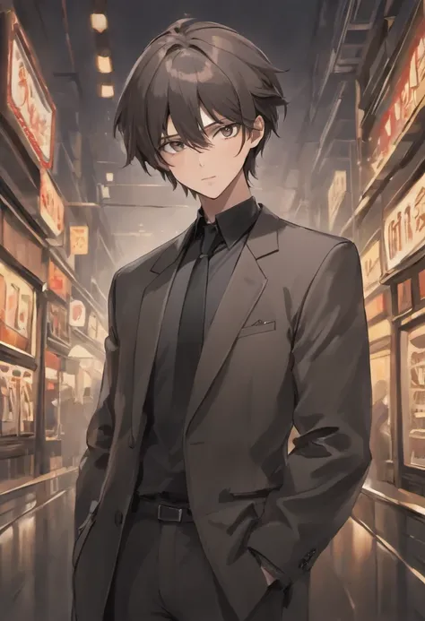 (A high resolution:16：9),Ultra-detailed,フォトリアリスティック,Ultra-clear portrait style,Young male in his twenties,A two-dimensional beautiful man，Exquisite，Pretty big breasts，Brown hair,Silver-gray eyes,Slender and well-proportioned physique,Elegant black shirt,Bl...