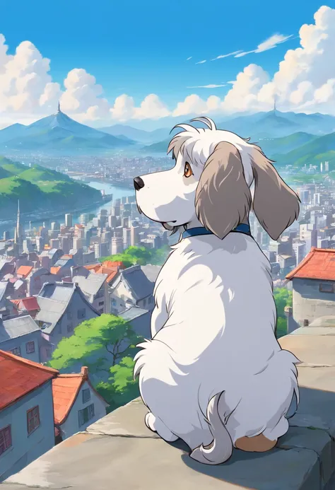 Gray and white petite basset griffon bandane　covered with fluffy hairs,　The body of the dog is white　　The color of the dogs ears and tail has a gray color　European-style cityscape　Mountains behind々The slope that can be seen