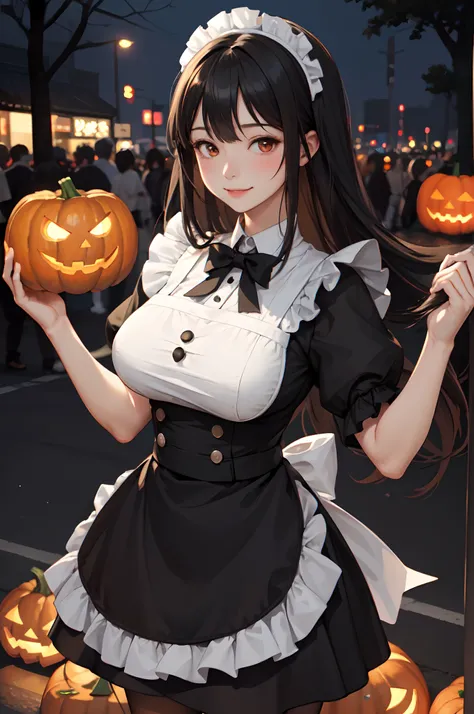 1lady standing, /(maid clothing apron/), mature gemale, /(black hair/) bangs, blush kind smile, (masterpiece best quality:1.3) delicate illustration ultra-detailed, large breasts BREAK /(streets of Shibuya/) outdoors, jack-o-lantern Halloween parade, crowd...