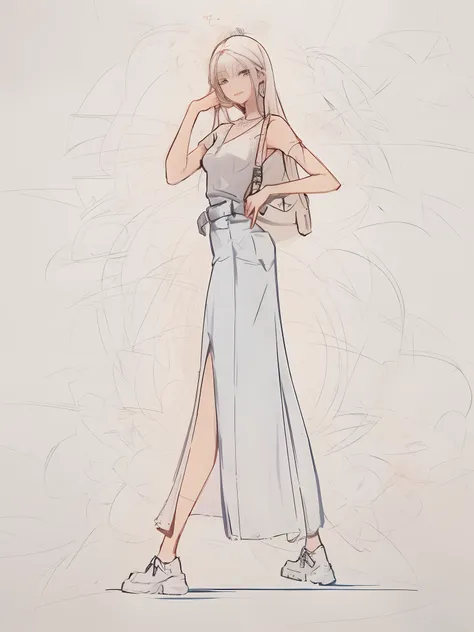 a drawing，A woman in a long dress is on the phone, Line sketch, Outline sketch, Line art!!, Image of a woman in an extra-long dress, Line sketch!!, Fashion pose, clear outfit design, clean lineart, official character illustration, standing elegant pose, dr...