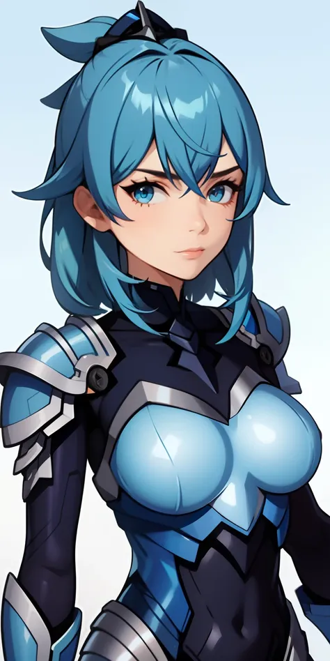 girl, blue armored suit, blue hair