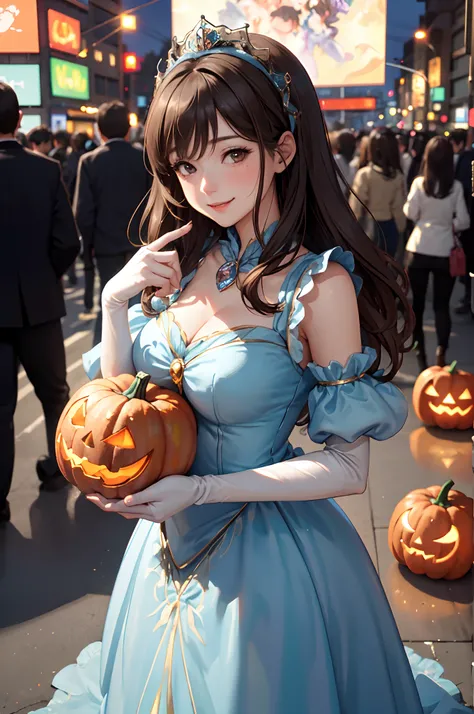 1lady standing, (Cinderella costume:1.2), mature female, /(brown hair/) bangs, blush kind smile, (masterpiece best quality:1.3) delicate illustration ultra-detailed, large breasts BREAK /(streets of Shibuya/) outdoors, jack-o-lantern Halloween parade, crow...