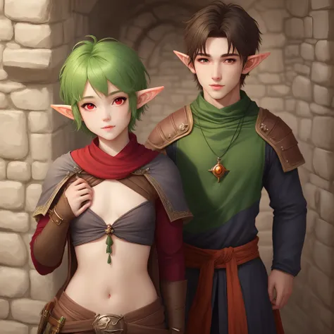 Green short hair with red eyes elf girl，
a little handsome，poor chest，Not tall
looks like shy and cute
she is a mage in Dungeons & Dragons
The requirement is a realistic style