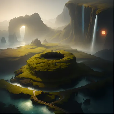 There is a small island with a hole in the middle, Unreal Engine Fantasy Art, realistic fantasy render, epic dreamlike fantasy landscape, epic fantasy digital art style, fantasy atmospheric lighting, impressive fantasy landscape, fantasy digital painting, ...