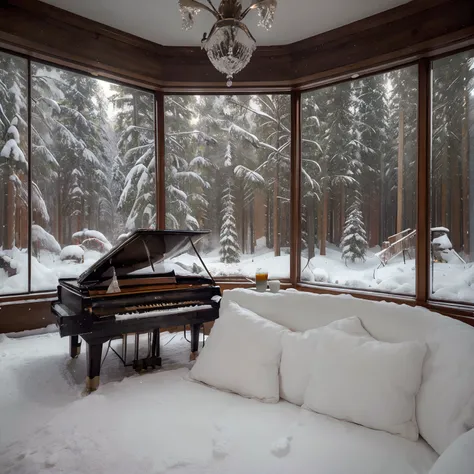 (best quality,4k,8k,highres,masterpiece:1.2),ultra-detailed,(realistic,photorealistic,photo-realistic:1.37),dreamy lighting,guybbi ub,winter wonderland,warm fireplace,piano playing,soothing melody,cozy cabin,beautiful snowy landscape,curl of smoke from chi...