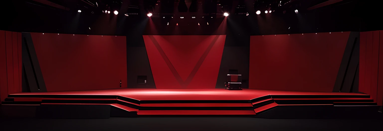 The stage design is minimalist，The stage is V-shaped，There are huge LED screens in the center and on both sides of the stage，First you will be attracted by the strong red light，dark red color，strongman，vehement，Red，Dark background，Maximalism，Rendered in Ci...