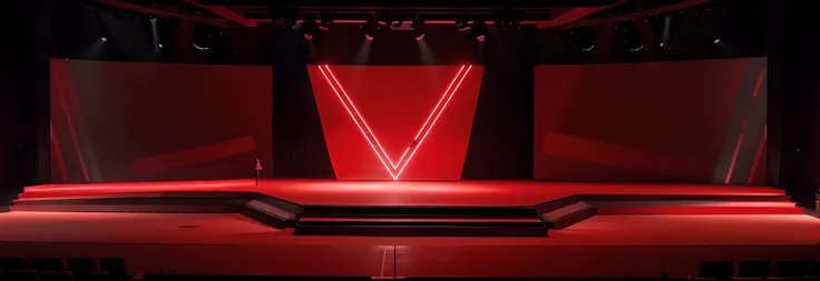 The stage is designed in a minimalist style，The main colors are light black and red. V-shape, There is a huge red LED screen in the center of the stage and on both sides of the stage, red neon light, Branding videos, Makeup and visualization tools, and a r...