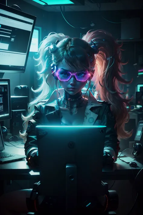 A low-light computer lab，Hay muchos monitores y un teclado, cyber punk setting, cyberpunk setting, cyber led neon lighting, Ciberespacio, cyberpunk with neon lighting, Cybernetic neon lights, in a cyberpunk themed room, Cyberpunk de interior, Metal desktop...