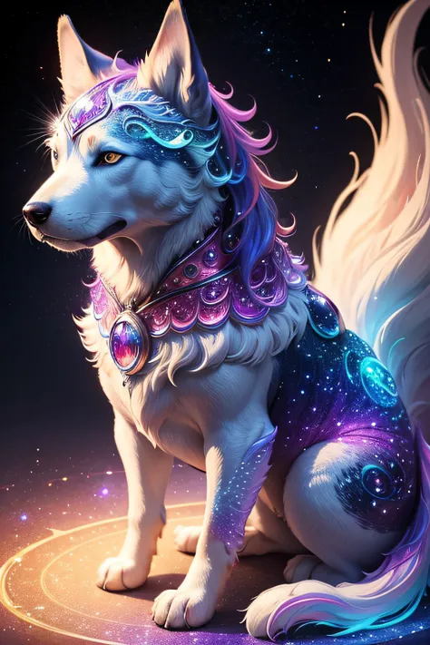 The dog Spirit Made of Crystal, very realistic and detailed. The texture of its scales is beautiful. Its very colorful and flashy. A swirl of color that is beautiful, detailed as powder. Avec la galaxie