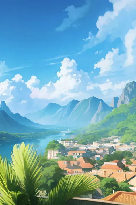 The balcony has a view of the town and the lake, rio de janeiro in an anime film, Anime landscape, anime countryside landscape, Anime landscapes, beautiful anime scenery, anime landscape wallpapers, Anime landscape concept art, anime movie backgrounds, Mak...