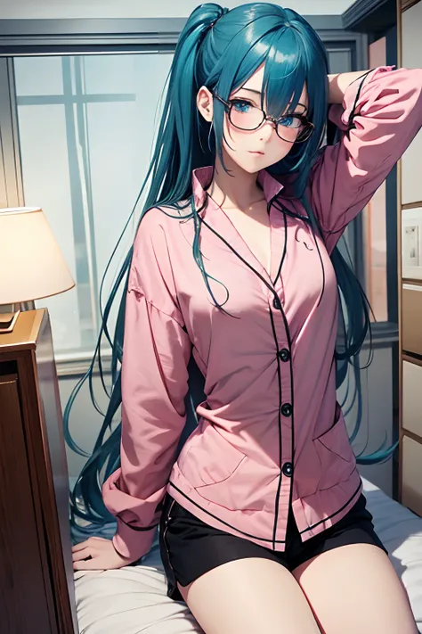 A dark-haired、on the bed、dressing gown、Black shorts、white  shirt、dishevled hair、Cross-eyed、Drunk、Turned、( Silly )、Turned、eye glass、top-quality, Photorealistic, An ultra-fine illustrations, beautiful attractive anime girl, miku hatsune, Slender body, Tied h...