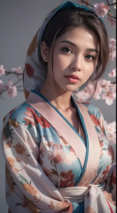 A photo of a young, nerdy malay woman in hijab (Photorealistic: 1.2, highest quality, 8K, Wet: 1.3), (Female, 20 years old, Malay in hijap, cherry blossom kimono, Sweat: 1.2, Wet: 1.2, Cleavage, Big breasts, Big ass: 1.3,, Smooth skin, (Film lighting), lyi...