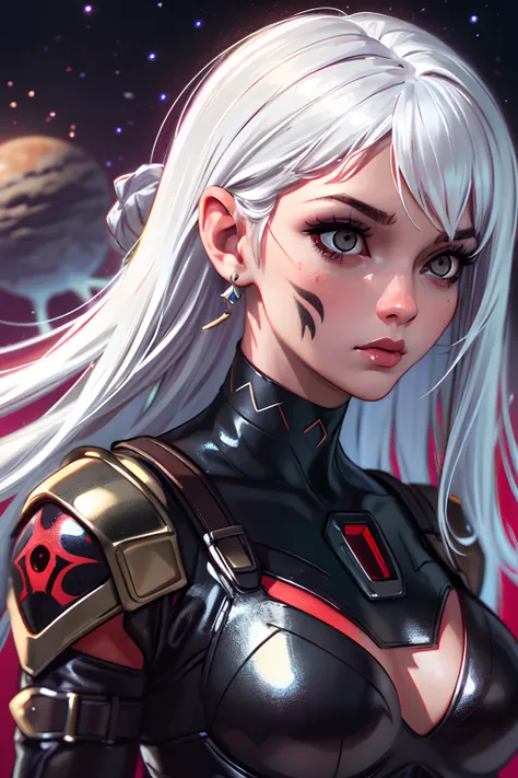 high res, intricate background, galaxy background, nebula, comet, planets, cat woman, 25 years old, white hair, top half shot, black body armor, white cloth covering breasts, black and red tattoos on face and left shoulder, red glint in eye, long black jew...