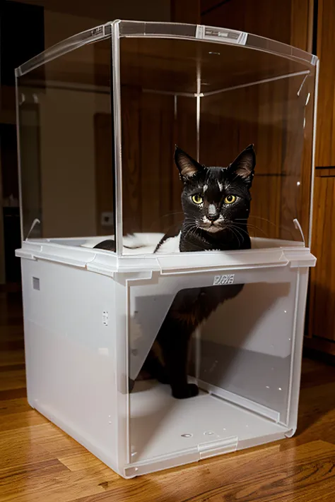 The cat is in a transparent box like a liquid