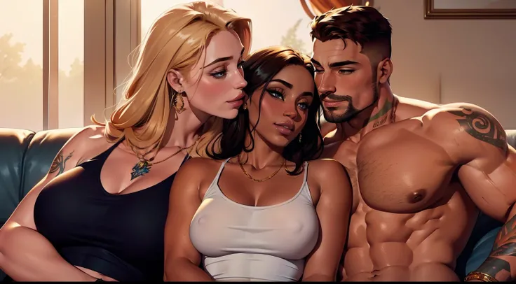 One male Handsome short-haired tall huge beefy muscular Chad wearing a wife-beater-tanktopin center-of-image, hugging three beautiful bitches tackling him and touching his body and hugging him, dressed in off-sweaters and ripped jeans and summer dresses, s...