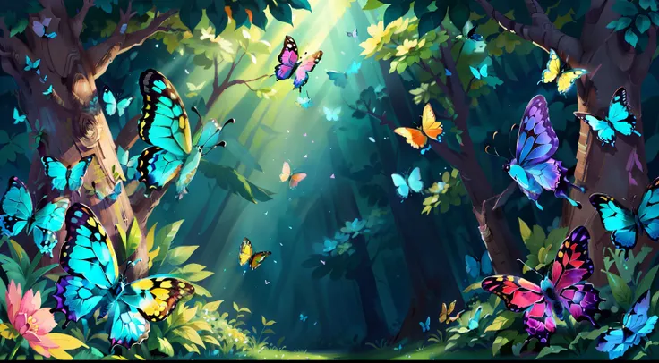 (butterflies,spacious,blue,yellow,pink,bright theme,4K,HD),vibrant colors, delicate wings, graceful fluttering, rays of sunlight filtering through the trees, a gentle breeze creating a sense of movement, a serene atmosphere, intricate patterns on their win...