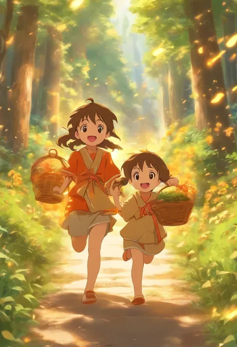 haruhi，rays of sunshine，In the mountains and forests，Two little girls，Look to one side，Carry the back basket，Crouch on the side of the road，There are medicinal herbs in the back basket，Holding Chinese herbs in his hands