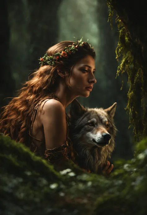 (beautiful druid girl:1.3) hugging the wolf  (extremely detailed cg unity 8k wallpaper,masterpiece, best quality, ultra-detailed...