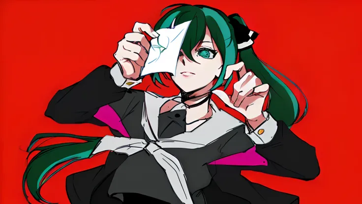 Close-up of a person holding a piece of paper and a photo of a person holding a piece of paper, Mikudayo, digital art from danganronpa, [[[[grinning evily]]]], sona is a slender, trigger anime art style, anime moe art style, 2 D Anime, 2 d anime style