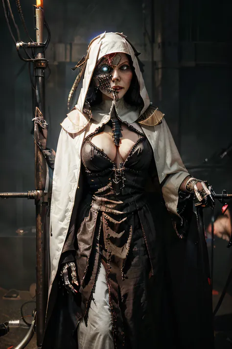 face_portrait, crude, mechanical, adult_female, white, evil, sinister, evil_smile, bewildered_eyes, mechanical_eyes, white_colored_robes, bloodstained_robes, nun_habit wires_through_face, wires_in_head, wires_across_head, stitches_across_face