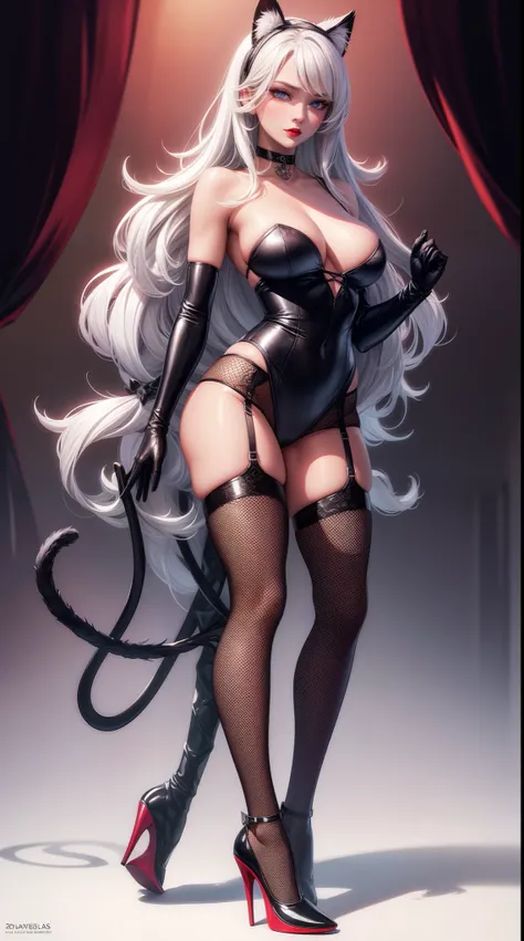 masterpiece,(bestquality),highlydetailed,ultra-detailed, dark, solo, expressionless,dark skin, blue eyes, short hair, silver hair, white hair, busty, shy, modest, inexperienced, cat ears， (black hair), (revealing outfit), (sheer bodystockings), (high heels...