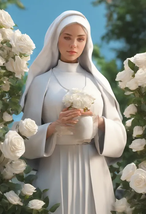 Nun girl 18 years old, Next to the well, Bushes of lush white roses, rose petals, Hyper-realistic, Highly detailed