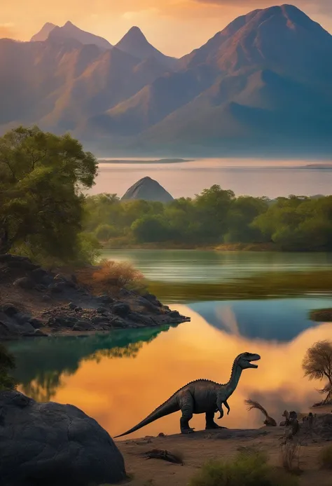 dinosaurs in a lake, in the background a beautiful mountain, from Jurassic times
 with some trees on the sides,