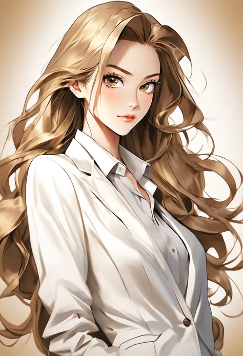 Anime girl in a white suit, Front-facing portrait, Long hair, Professional woman, V-neck shirt set, Fine-stroke style, cartoon realism, in the style of light bronze and light black, office backdrop, Colorful cartoon style