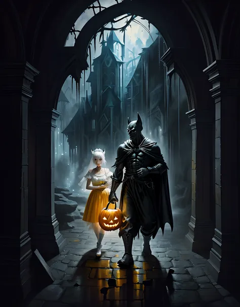 （the girl carries a bat on her left shoulder，he carries a large pumpkin on his right shoulder），movie poster for halloween girls,...