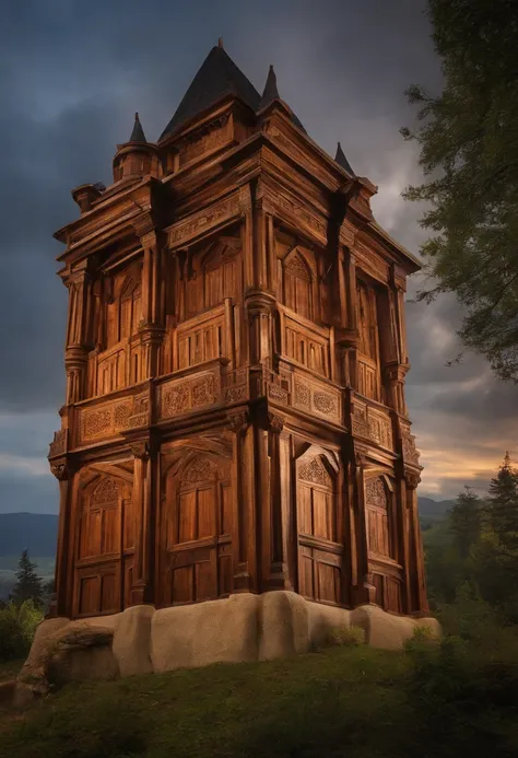 A castle tower made of scenographic wood for theatre. From the tower come two walls that extend to the front and form a room in a house