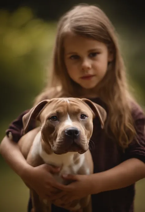 A young girl holding an American Pit Bull Oversise puppy