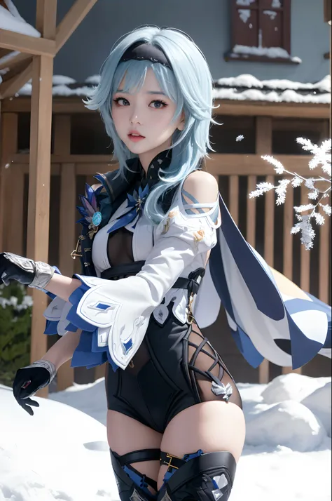 masutepiece, Best Quality, 8K分辨率、Raw photo、1girl in,eula (GenshinImpact),shairband,Blue hair,multicolored eyes,neck tie,Cape,eyesight (GenshinImpact),Leotard,Long sleeves,gloves,side locks,  black thighhighs, Dark iceberg in the background、snow blowing、Sno...