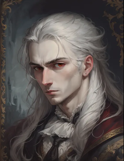 A vampire male portrait painting, baroque style, he has medium long grey hair, a pale face, no beard, masculin face and a frozen look. --auto --s2