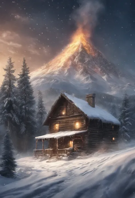 nowy mountains, a small house, smoke from the chimney, a few trees around, thick snow on the ground,Warm tones, snowflakes falling, starry sky