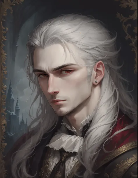 A vampire male portrait painting, baroque style, he has medium long grey hair, a pale face, no beard, masculin face and a frozen look. --auto --s2