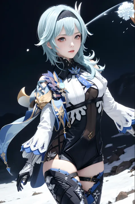 masutepiece, Best Quality, 8K分辨率、Raw photo、1girl in,eula (GenshinImpact),shairband,Blue hair,multicolored eyes,neck tie,Cape,eyesight (GenshinImpact),Leotard,Long sleeves,gloves,side locks,  black thighhighs, Dark iceberg in the background、snow blowing、Sno...